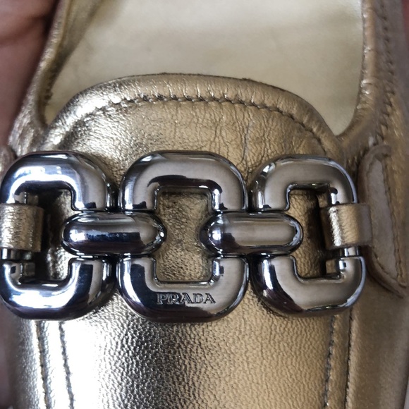 PRADA Gold Leather Flats w/ Silver Chain - Picture 10 of 11